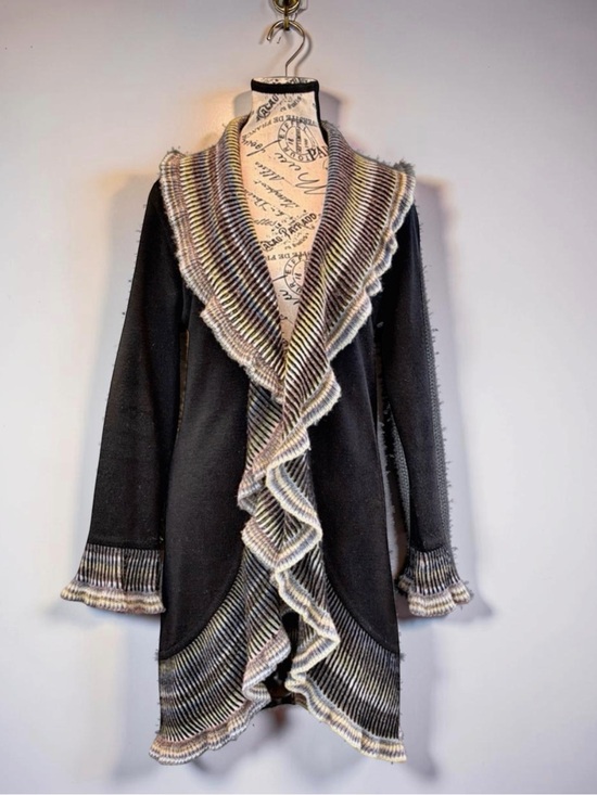 ANGEN Sweaters - ANGEN Merino Wool Ruffle Shawl Collar Cardigan | Small | Multicolor Trim | Italy